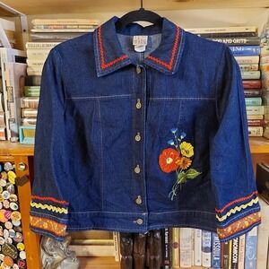 F.L. Malik Vintage Y2K Denim Jacket Floral Embroidered Cropped Sleeve Blue Small